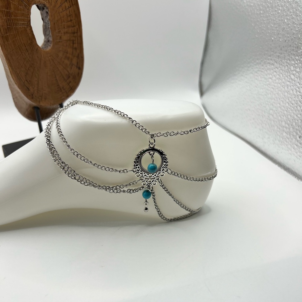 Bohemian Inspired Multi Layer Ankle Bracelet W/ Blue Beads‎ NEW